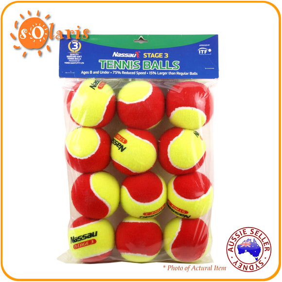NASSAU Stage 3 Tennis Balls ITF Approved Red Youth Junior Starter Balls 12 Pack