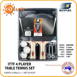 SUNFLEX CONTEST 4 Player Table Tennis Set 4 ITTF Bats+3 Balls+1 Net & Post